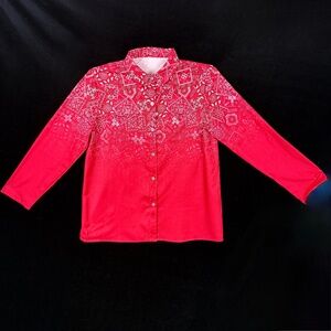 Cowgirl Shirt S/M Bandana Fades to Red  Button Front Long Sleeves Collar Poly